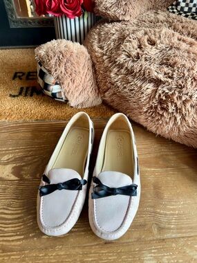 CHANEL Pale Pink Leather Suede Moccasin Ballet Flats with Black Bow Trim